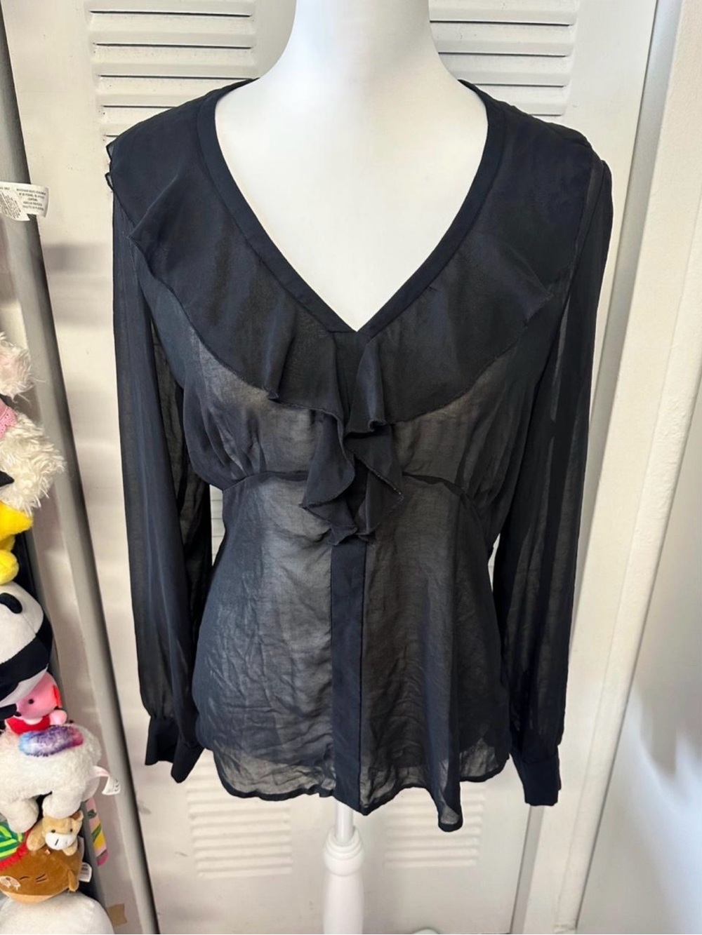 New York & Company Black Sheer Ruffle V-Neck Blouse